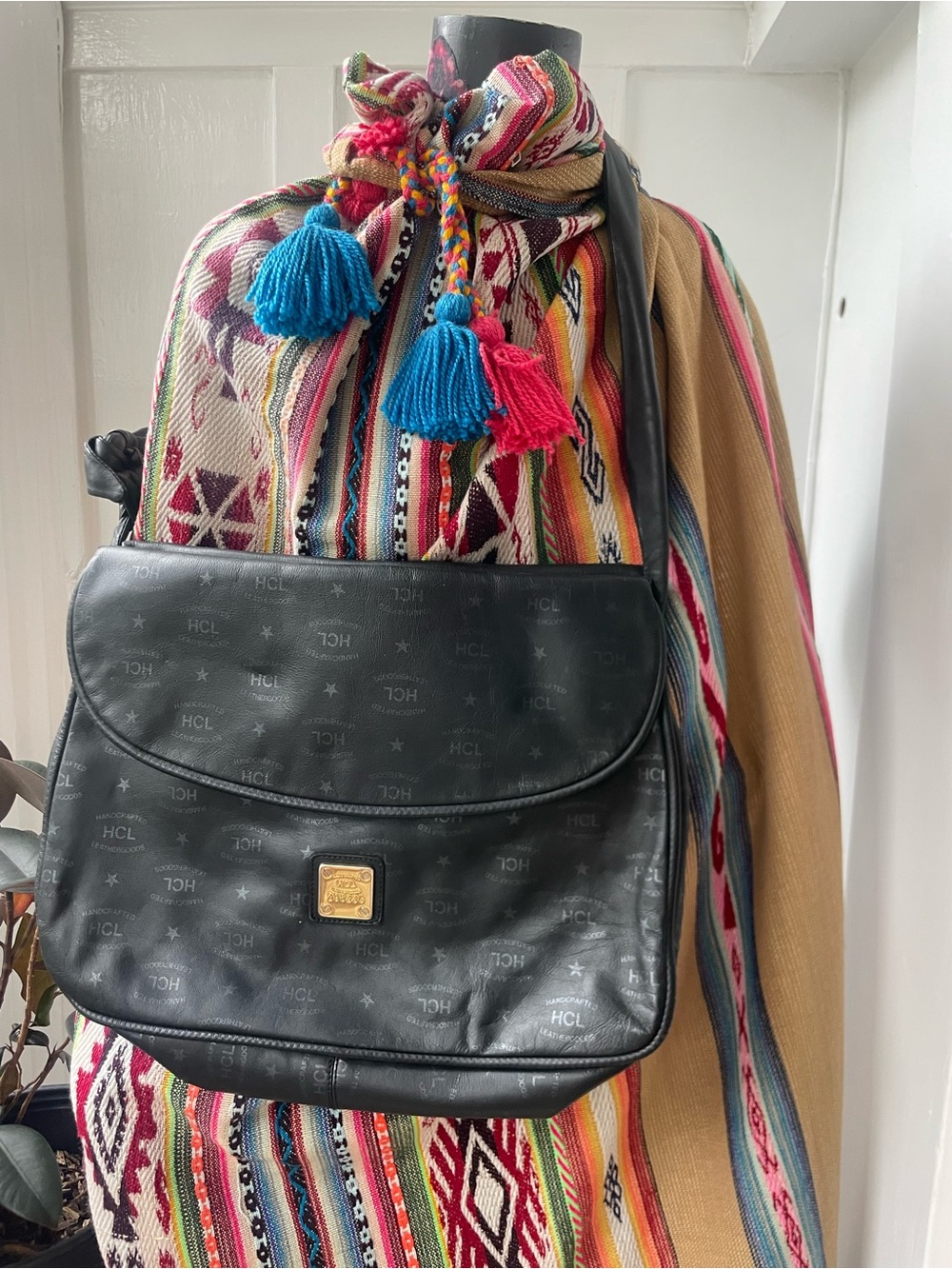 MCM Black Leather Shoulder Bag with Gold Plaque